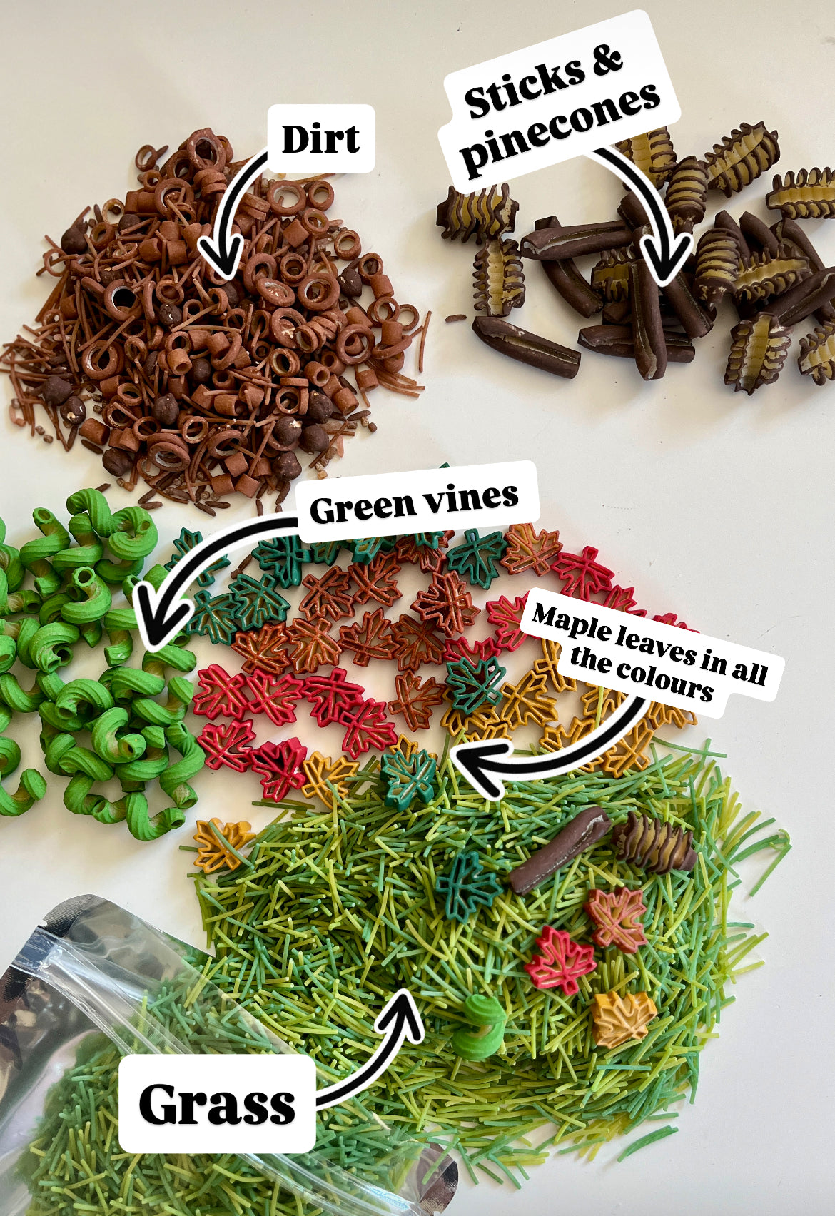 Assorted nature-inspired sensory materials including brown dirt curls, pinecones, green vines, colorful maple leaves, and grass pieces on white background.