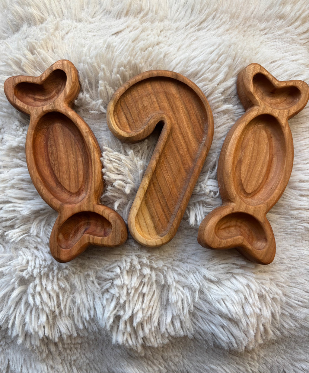 Ready to Ship, Candy Trays Set featuring handcrafted smooth wood trays shaped as two wrapped candies and a candy cane, designed as unique homeschool educational resources and sensory filler wood trays.