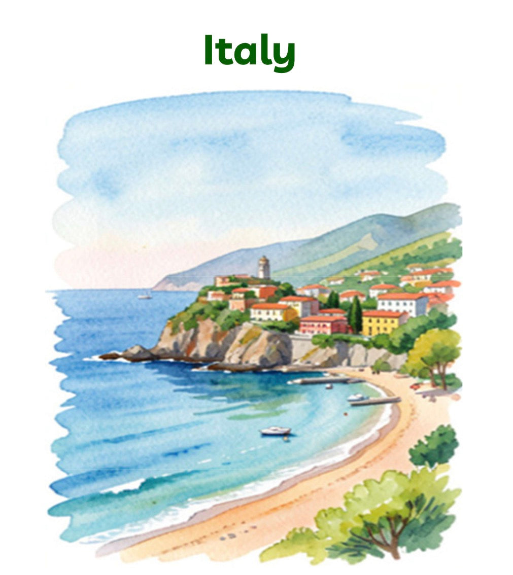 Digital Download | Italy Unit Study featuring a watercolor illustration of a coastal Italian village with colorful houses, blue sea, sandy beach, and green hills, handcrafted homeschool education resources.