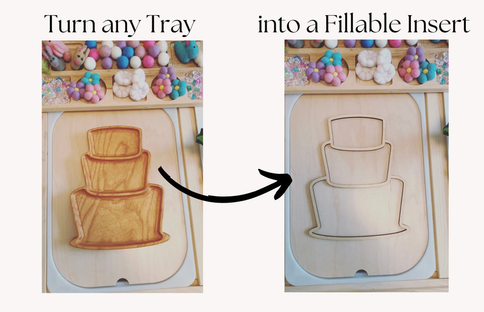 Comparison of wooden tray before and after customization with fillable Flisat table top insert featuring cake design outline