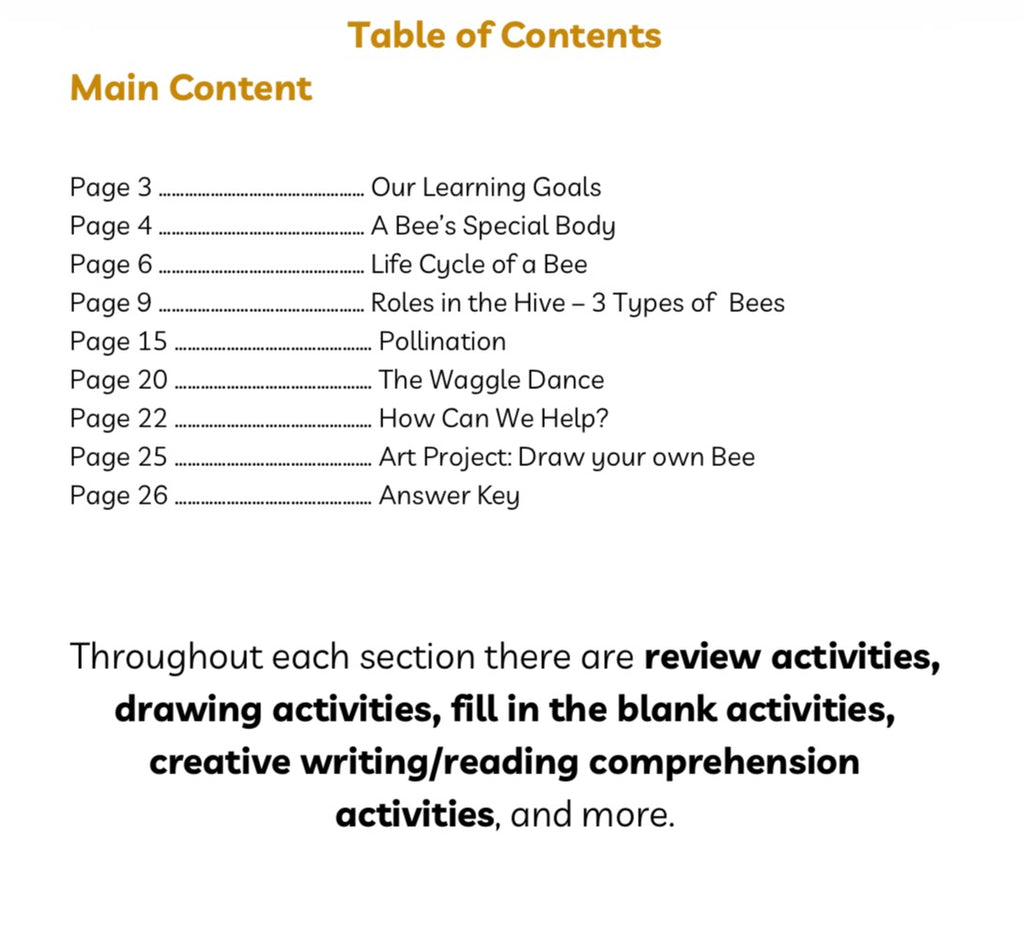Digital Download | Bees Unit Study featuring a table of contents outlining sections on bee biology, life cycle, roles, pollination, and educational activities, handcrafted homeschool education resources.