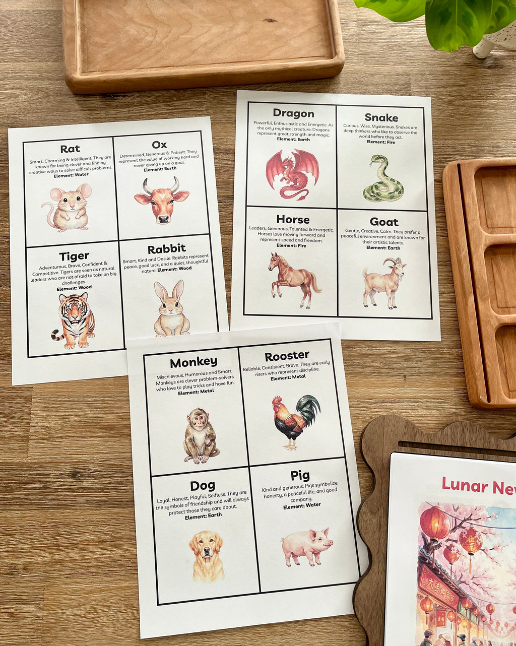 Digital Download | Zodiac Animal Flash Cards, Lunar New Year featuring illustrated animal flashcards with traits and elements displayed on a wood surface with wooden trays and a plant, handcrafted homeschool education resources.
