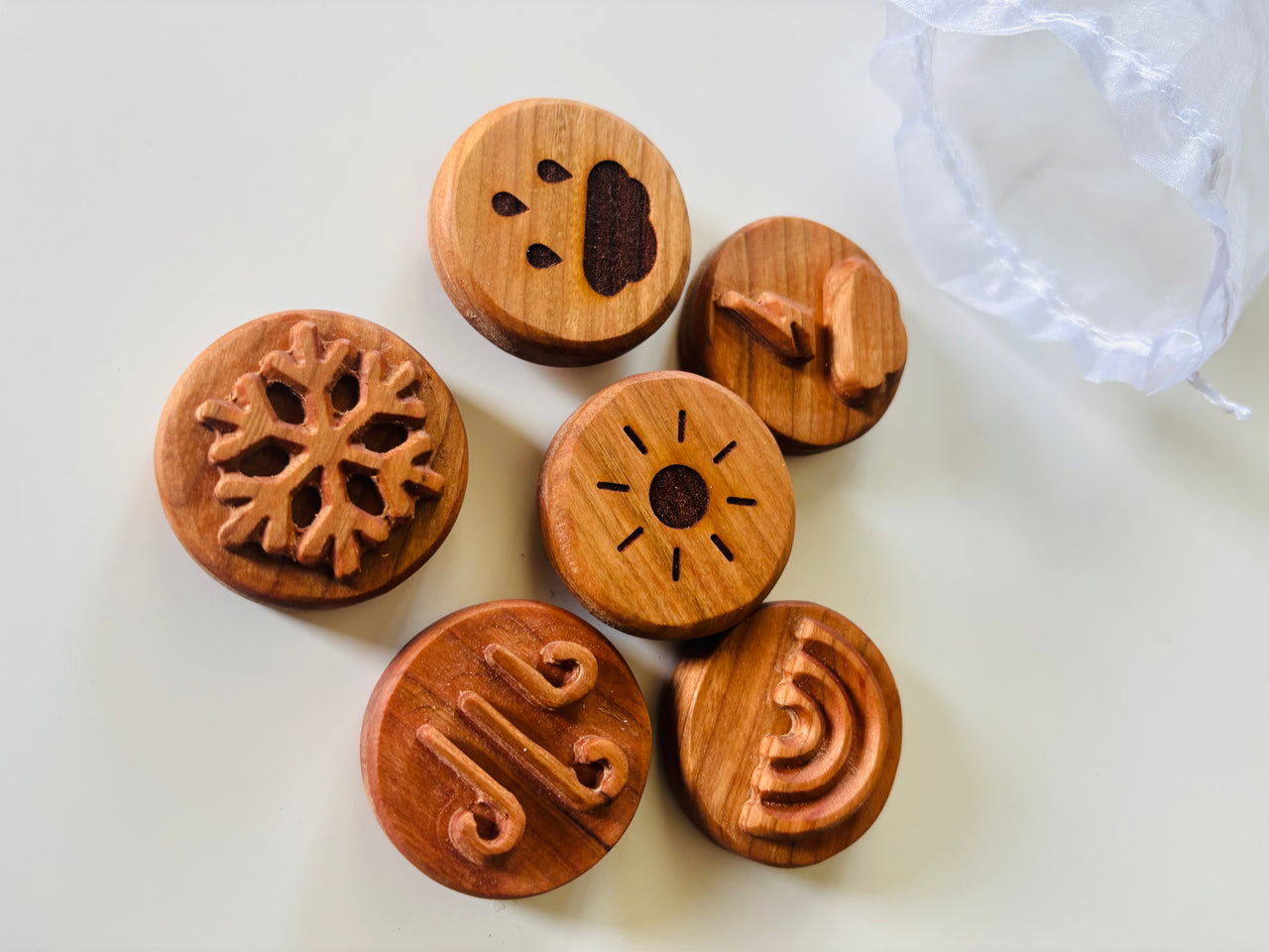 Six round wooden tokens carved with snowflake, paw print, flute, wind, sun, and wave symbols on a white surface