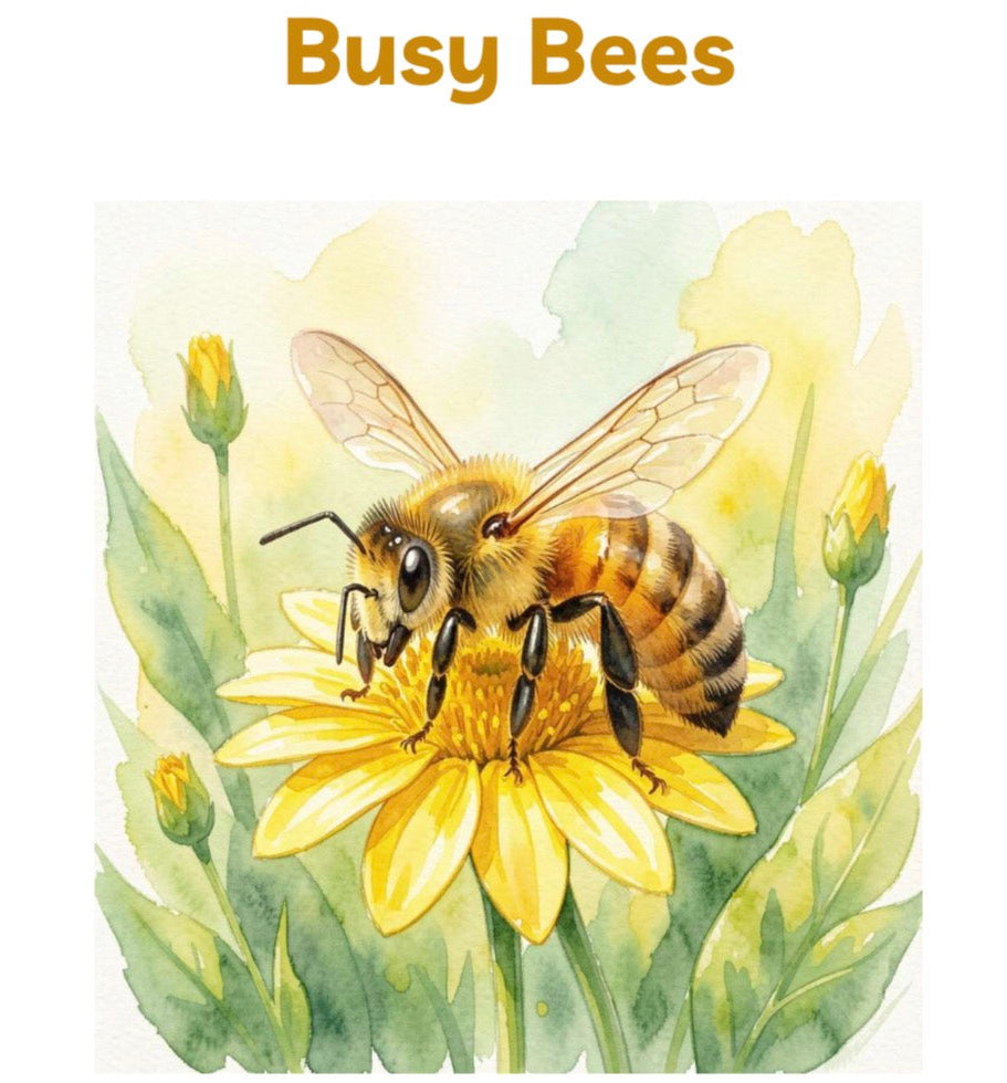 Digital Download | Bees Unit Study featuring a detailed watercolor illustration of a honeybee collecting nectar on a yellow flower, handcrafted homeschool education resources.
