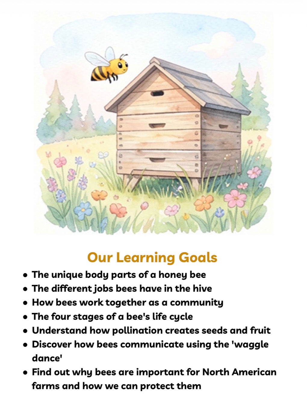 Digital Download | Bees Unit Study featuring a charming watercolor illustration of a wooden beehive surrounded by colorful flowers and a honeybee in a bright meadow, handcrafted homeschool education resources.