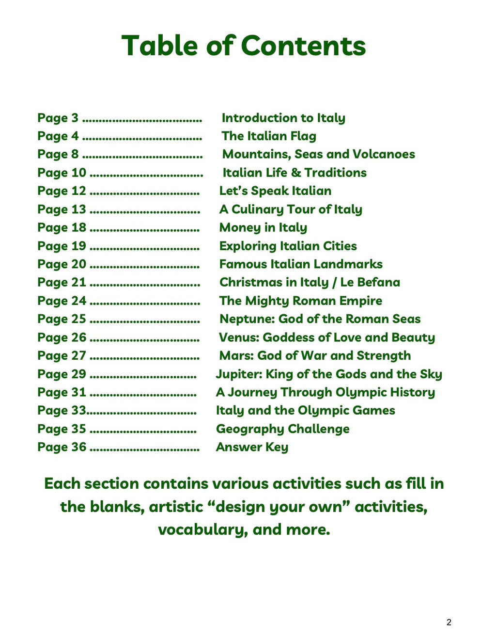 Digital Download | Italy Unit Study featuring a detailed table of contents outlining chapters on Italian culture, language, history, geography, and mythology, handcrafted homeschool education resources.