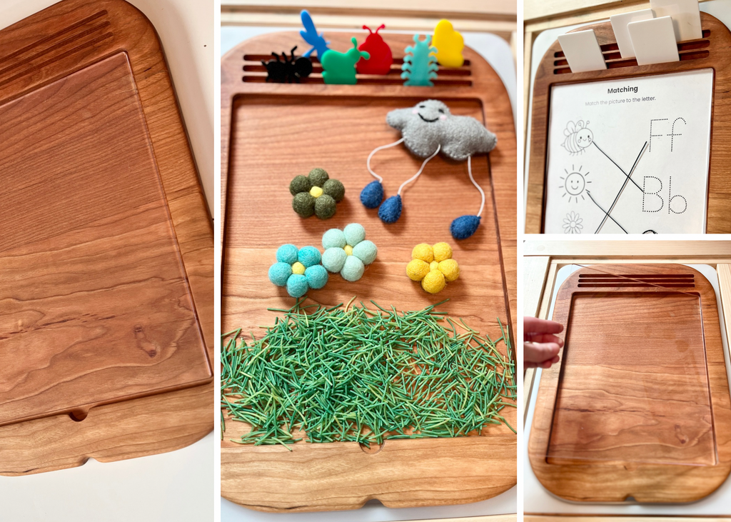 Hardwood Writing Sensory Tray for 8.5 x 11 sheets with Dry Erase Inserts and Slots for Acrylic - Also fits as a Flisat Insert, handcrafted homeschool education resources featuring natural wood texture and versatile sensory play options.
