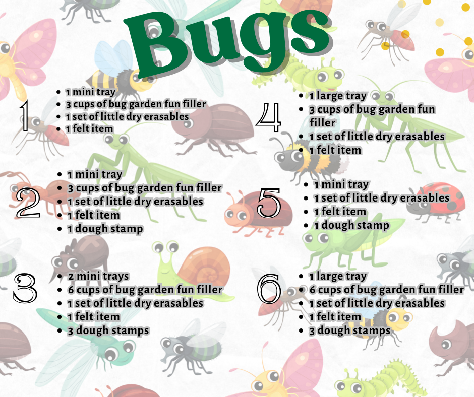 Illustrated Bugs Mystery Box Bundle kit content list featuring colorful cartoon insects like beetles, butterflies, ants, and caterpillars arranged on a light background, handcrafted homeschool education resources.