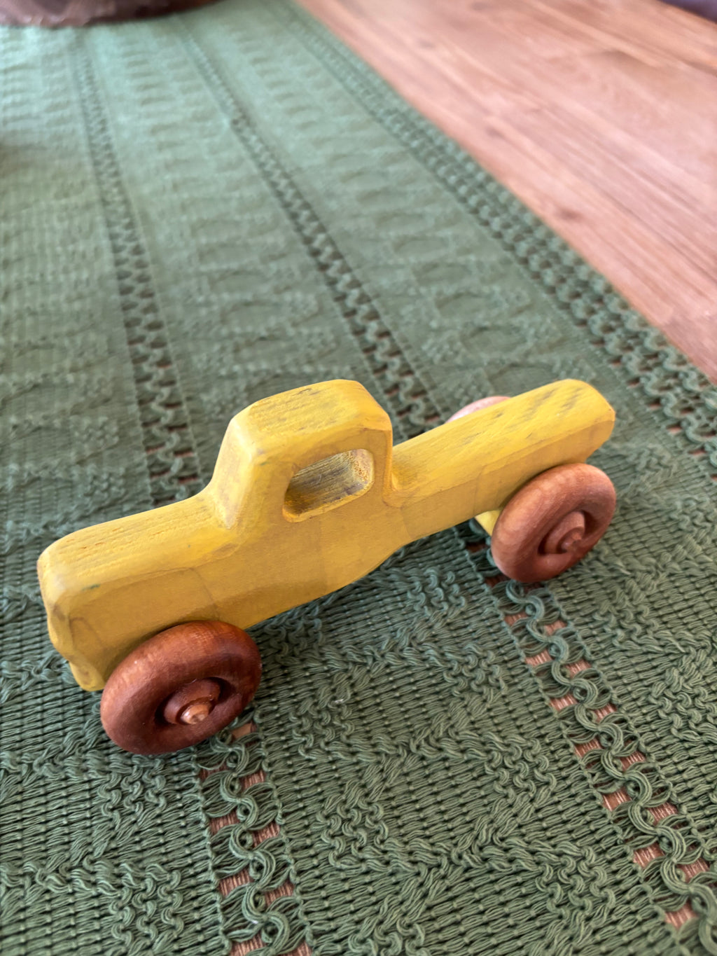 Ready to Ship, Push Cars, 10 Colours / Styles featuring a handcrafted yellow wooden toy truck with natural wood wheels, designed as unique homeschool educational resources and wood toys.