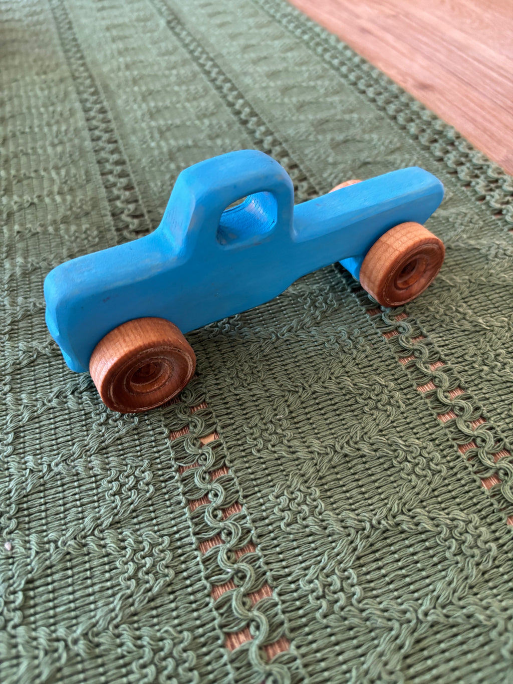 Ready to Ship, Push Cars, 10 Colours / Styles featuring a handcrafted blue wooden toy car with natural wood wheels, designed as unique homeschool educational resources and wood toys.