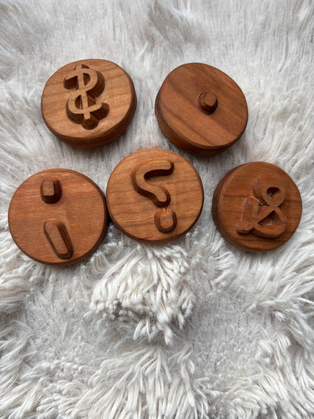 Ready to Ship, Playdough Stampers Punctuation featuring handcrafted wood toys with carved punctuation marks including dollar sign, question mark, ampersand, exclamation mark, and period, unique homeschool education resources.
