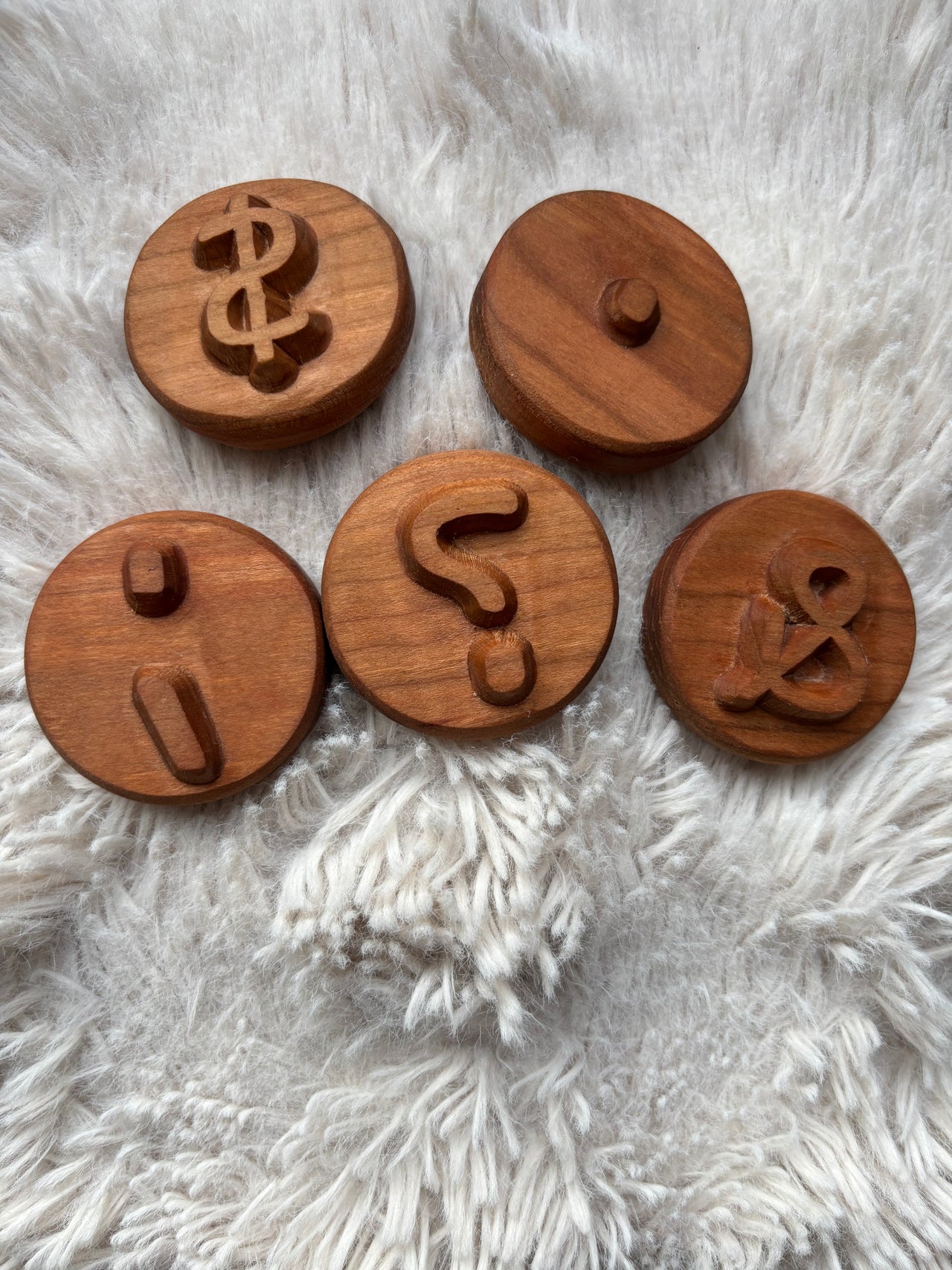 Ready to Ship, Playdough Stampers Punctuation featuring handcrafted wood toys with carved punctuation marks including dollar sign, question mark, ampersand, exclamation mark, and period, unique homeschool education resources.