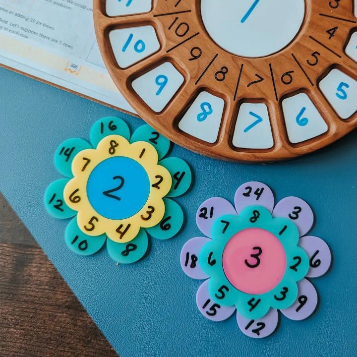 Two colorful flower-shaped counting toys with numbers around centers labeled 2 and 3 on a blue surface