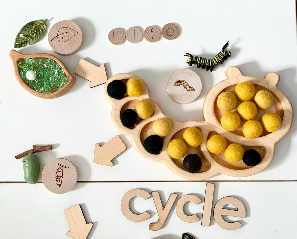 Wooden caterpillar sensory tray with yellow and black felt balls, green leaf dish, wooden letters, and insect toys on white surface
