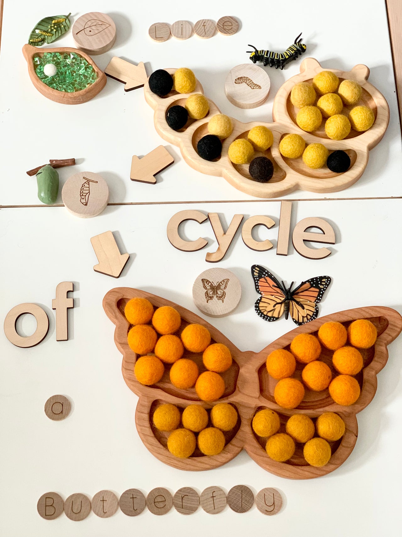 Wooden caterpillar-shaped sensory tray with yellow and black felt balls, wooden life cycle pieces, and butterfly tray with orange felt balls