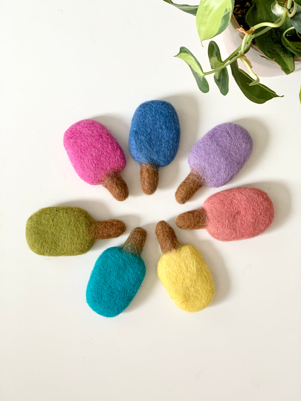 Seven colorful felt popsicles arranged in a circle on white surface with green plant leaves in corner