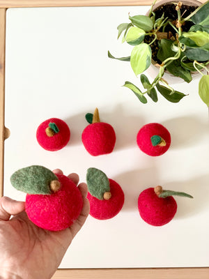 Handmade medium red felt apple with green leaf held over table with five similar felt apples and a potted plant nearby
