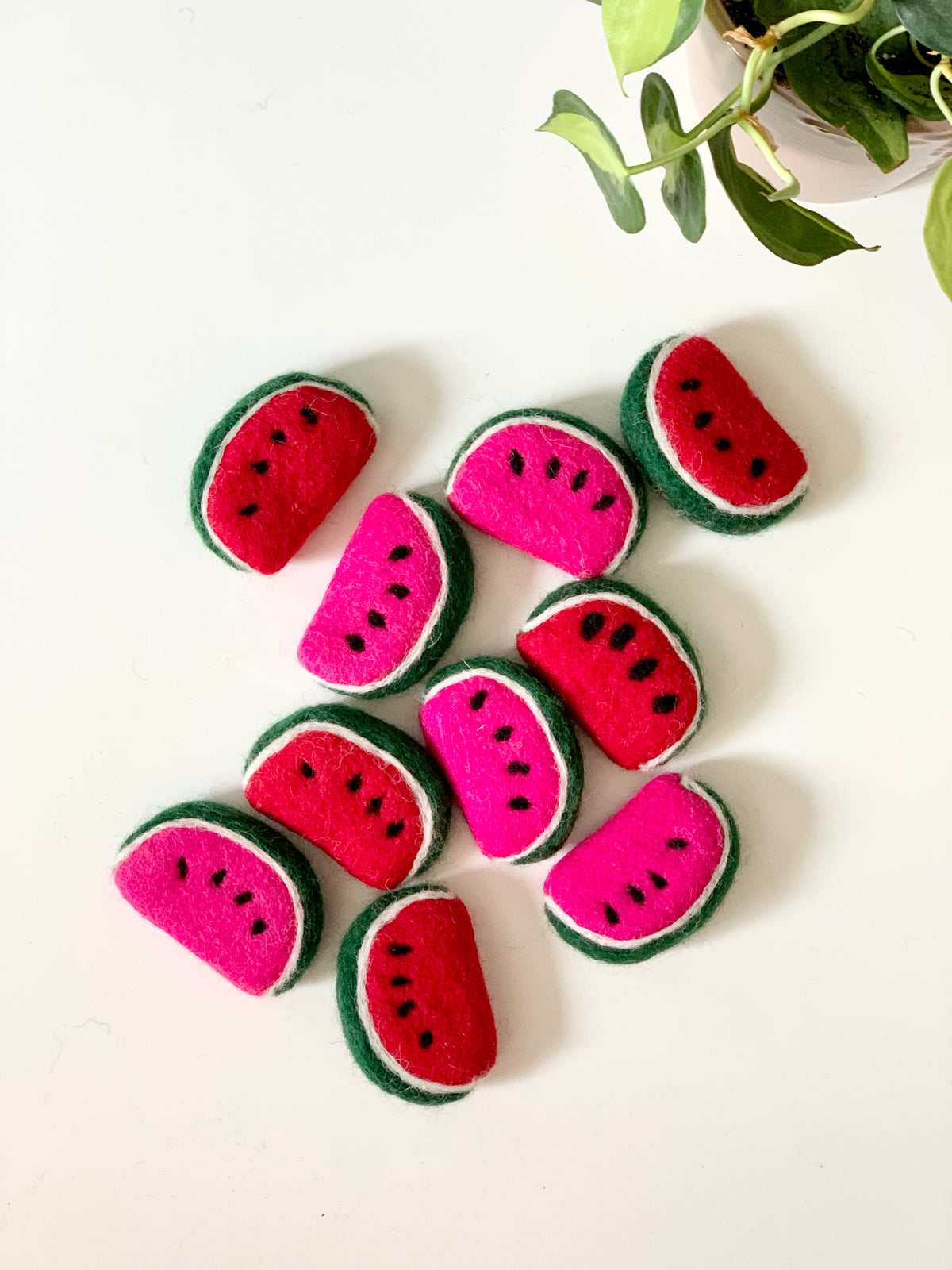Collection of handmade medium-sized felt watermelon slices in red and pink with green rind on white surface near green plant