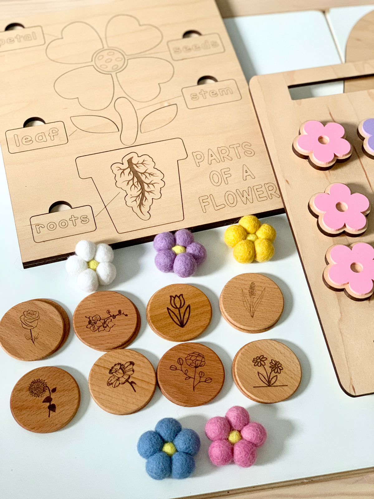 Wooden flower parts puzzle board with engraved labels and floral memory game tokens with felt flower pieces on white surface