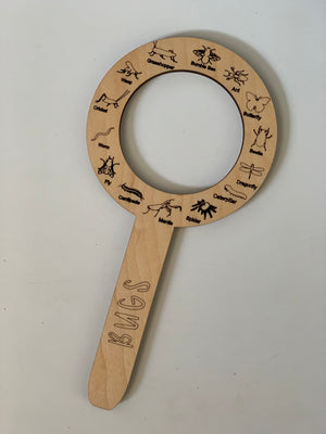 Maple laser cut bug finder with engraved insect illustrations and names on round frame with handle on white background