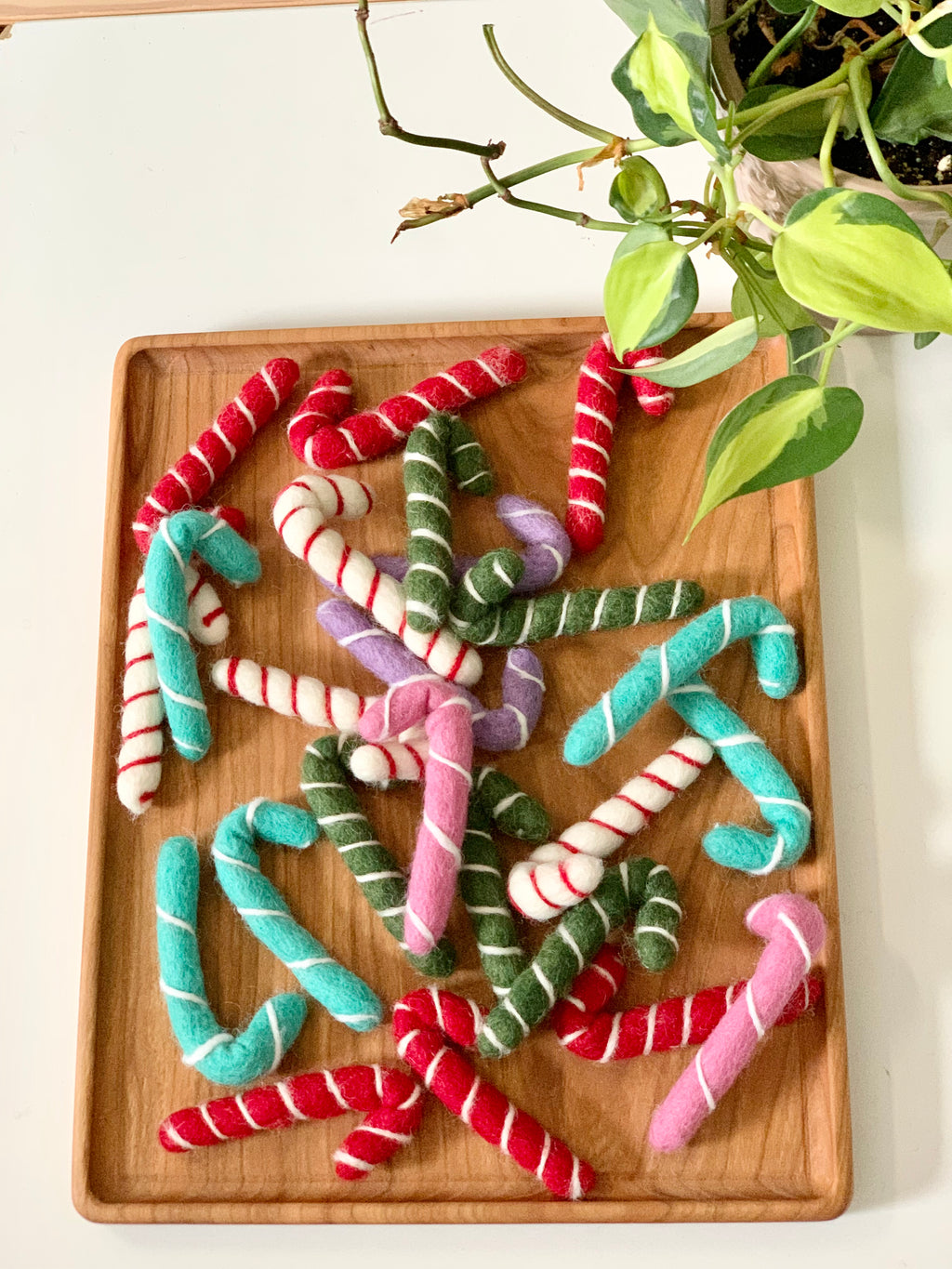 Wooden tray filled with handmade felt candy canes in red, green, blue, purple, and pink with diagonal white stripes next to a plant