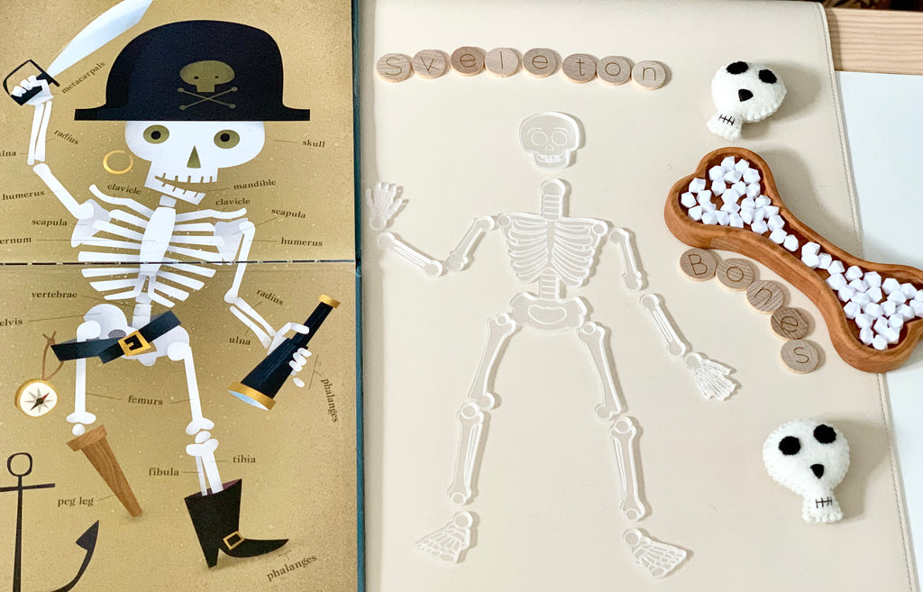 Laser cut skeleton puzzle pieces laid out with wooden letter tiles spelling skeleton and bones on white surface