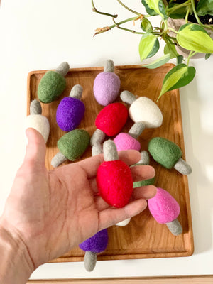 Hand holding a red felt lightbulb with other colorful felt bulbs on wooden tray and green plant nearby
