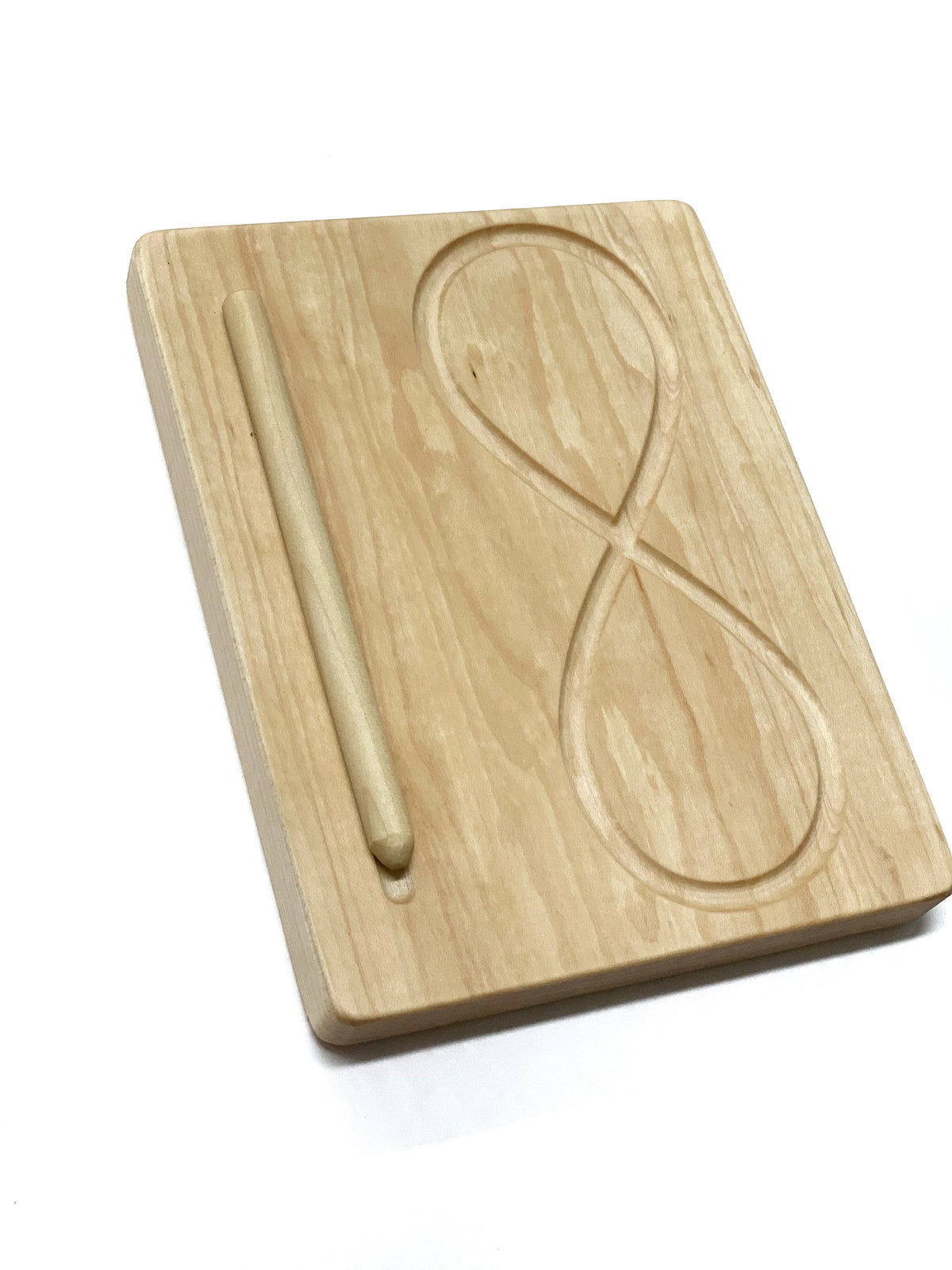 Canadian maple hardwood figure eight tracing board with smooth engraved infinity shape and wooden stylus on white background