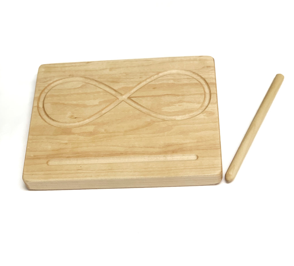 Canadian Maple hardwood wooden infinity figure eight tracing board with smooth engraved lines and wooden stylus on white background