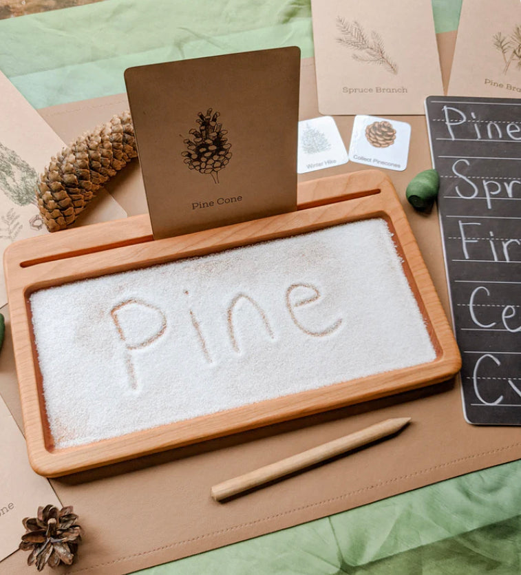 Rectangular wooden sensory tray filled with white sand with word "Pine" written and forest flash cards nearby