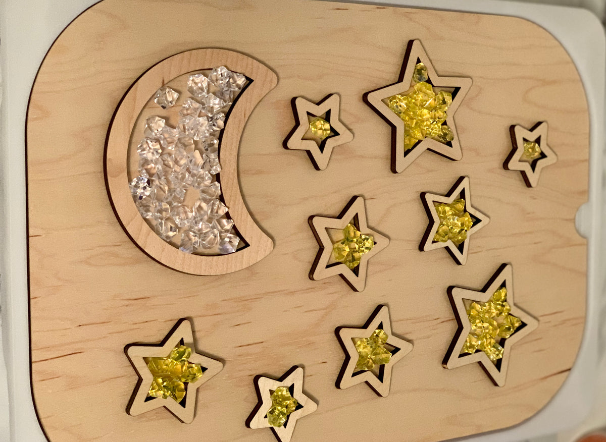 Maple plywood Flisat table top insert with moon filled with clear beads and stars filled with yellow beads