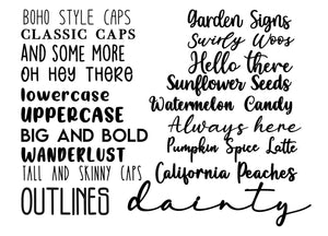 Black and white typography poster showing various font styles and sample phrases in different sizes and weights