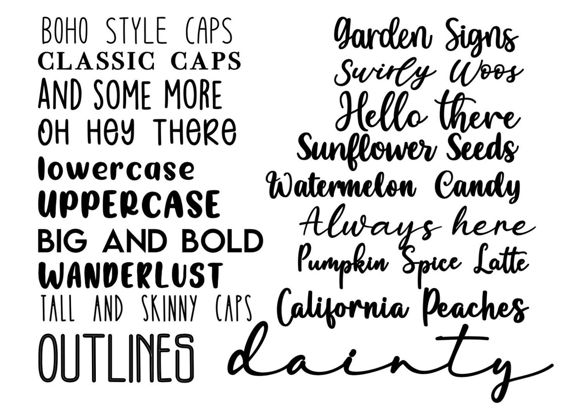 Black and white typography poster showing various font styles and sample phrases in different sizes and weights
