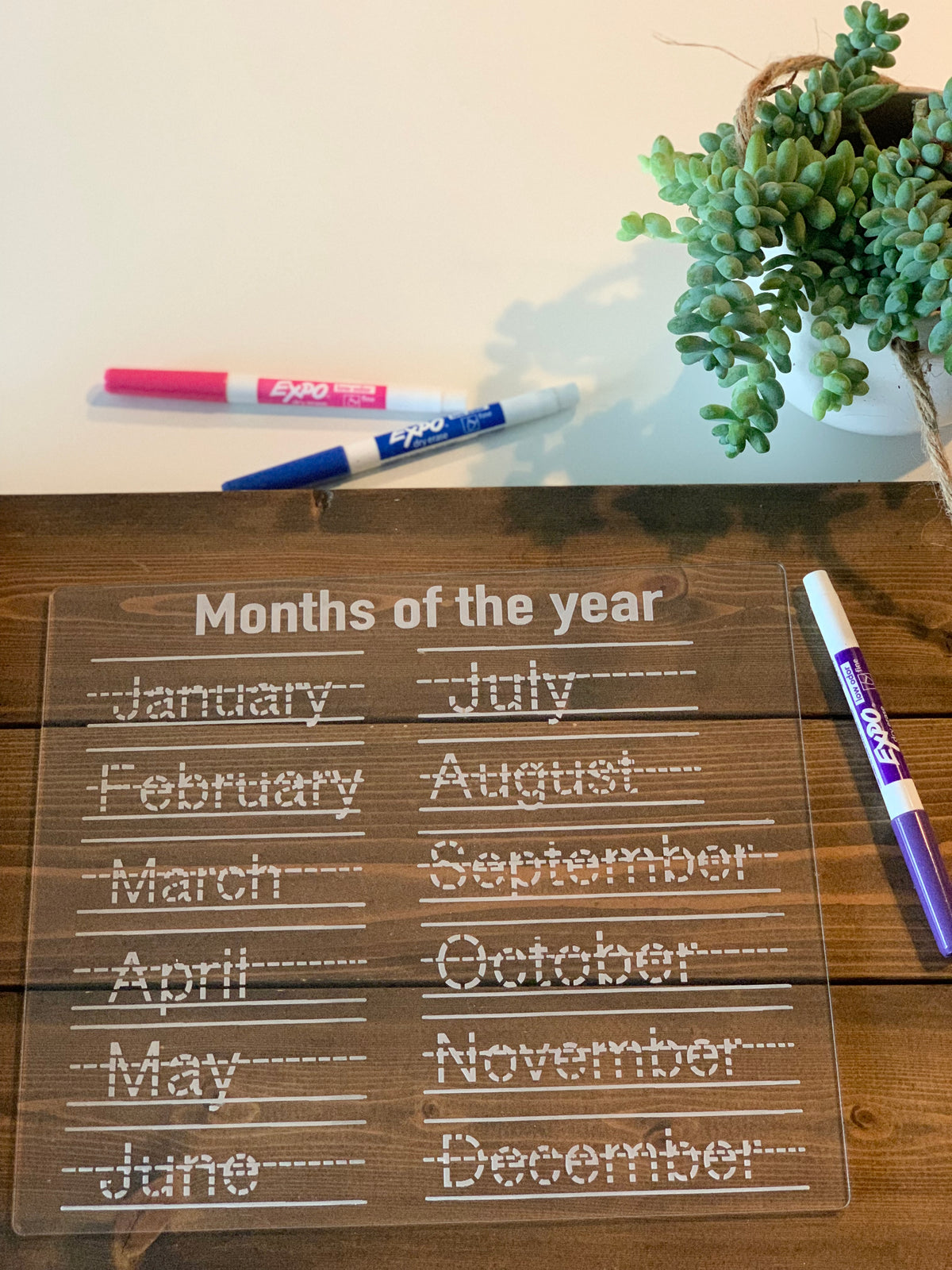 Clear acrylic dry erase board with months of the year traced in dotted letters on wooden table with markers and plant
