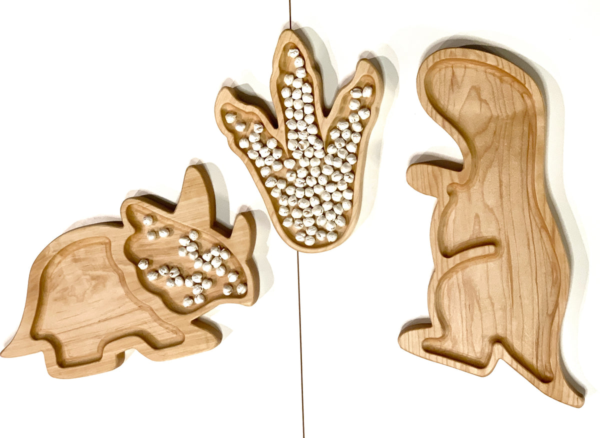 Three natural wooden sensory trays shaped like a T-Rex, dinosaur footprint, and triceratops on white background
