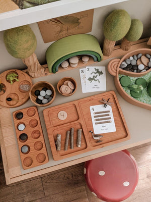 Wooden Montessori sensory tray with three compartments holding natural counting sticks and educational cards on table with toys