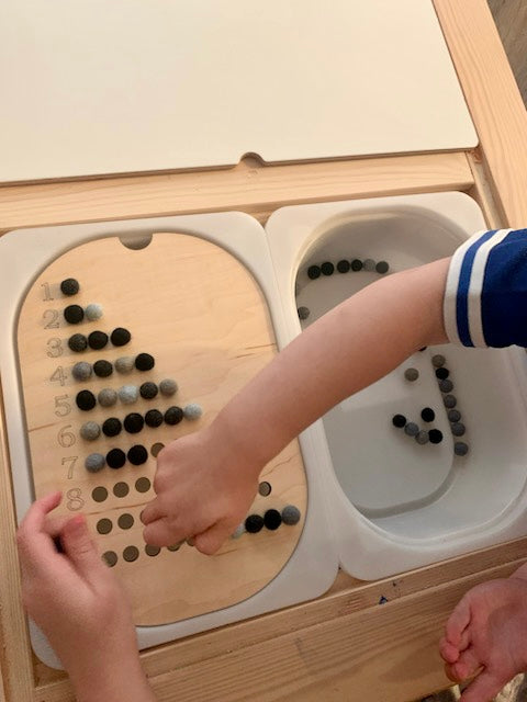 Wooden Flisat table top insert with numbers 1 to 10 and counting beads for early math learning and number practice