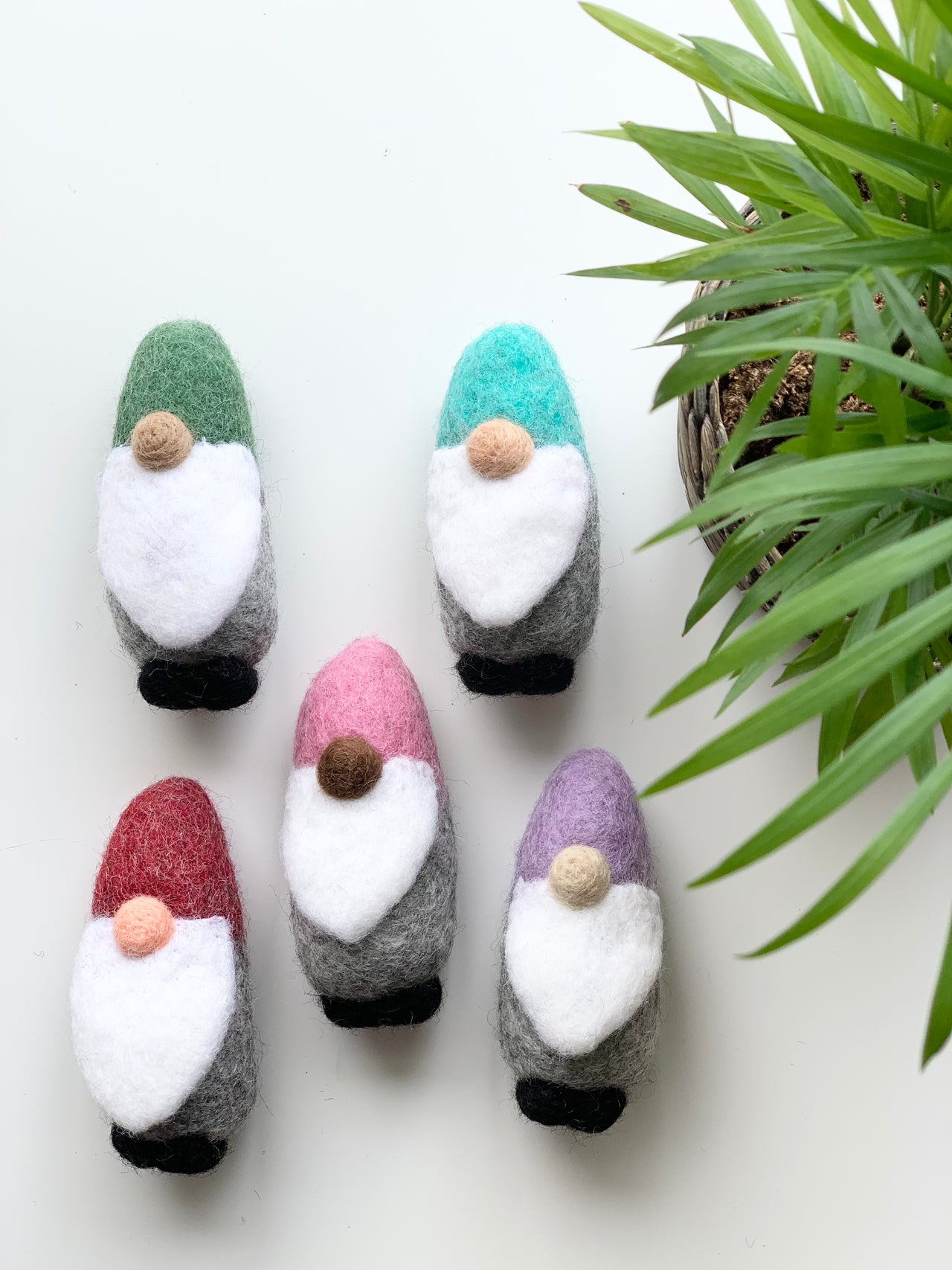 Five handmade felt gnomes with colorful hats and white beards arranged on white surface near green plant