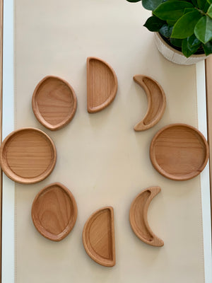 Set of wooden moon phase sensory plates arranged in circular pattern on beige surface next to potted plant