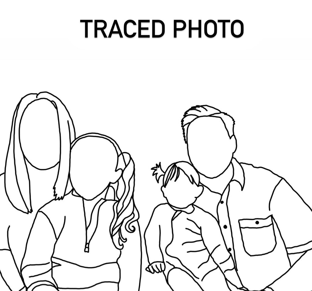Black line art traced photo of a family with two adults and two children in simple continuous line drawing style