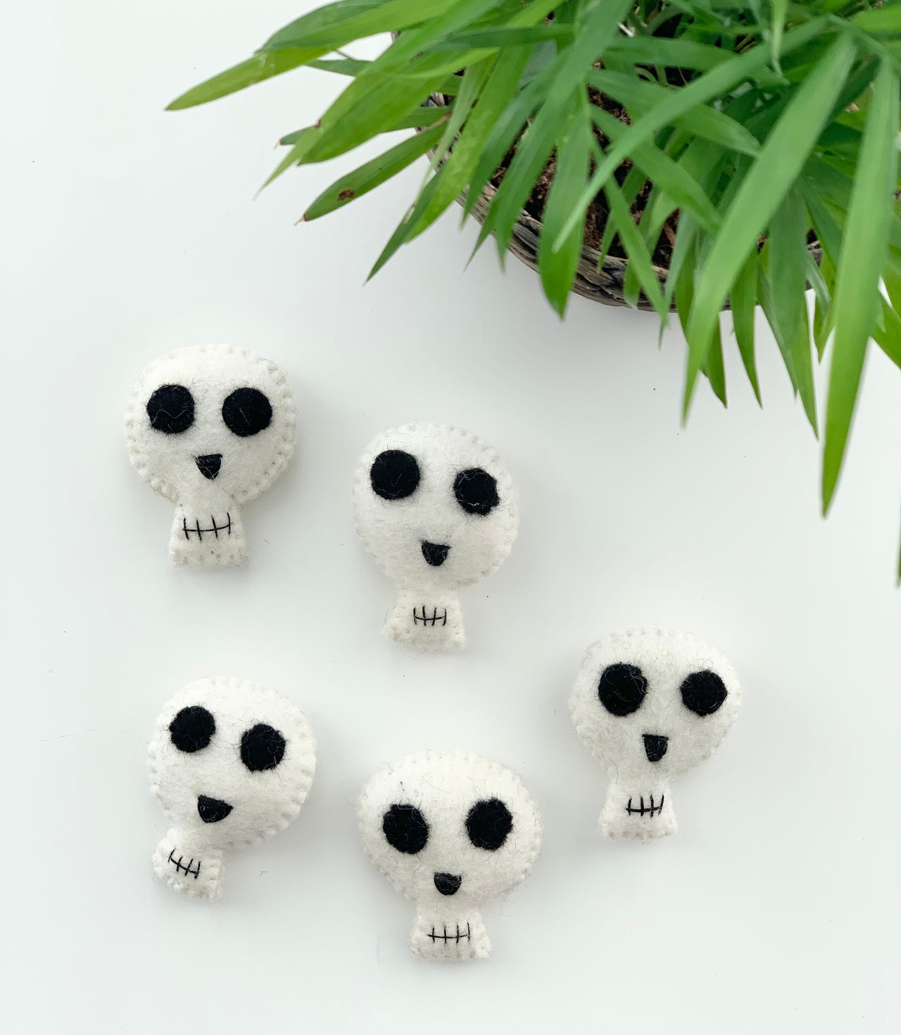 Five handmade felt Halloween skulls with black eyes and stitched mouths arranged near green plant on white background