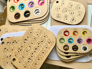 Maple plywood alphabet, number, and color matching puzzle inserts with white and maple acrylic pieces for Flisat bins