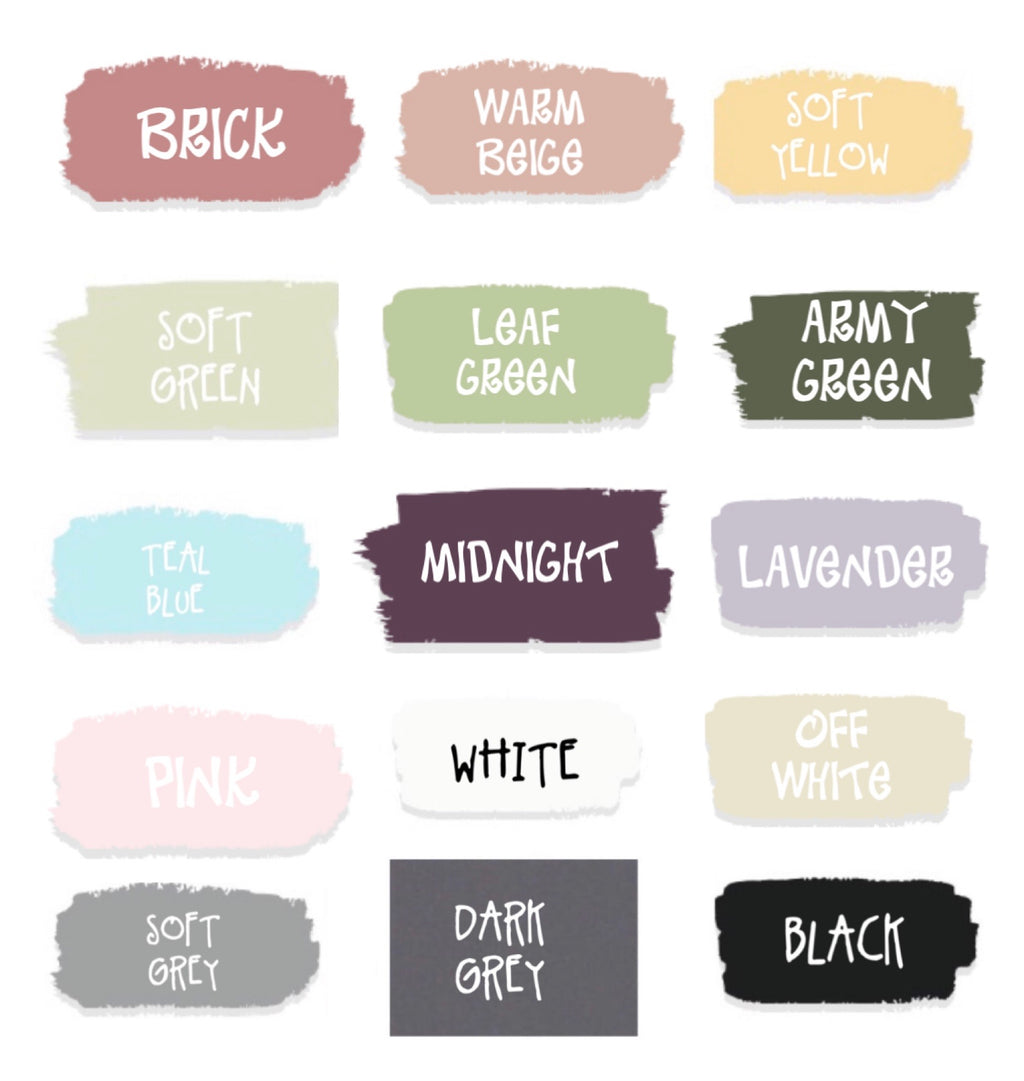 Color palette swatches with hand-lettered names including brick, warm beige, soft yellow, greens, blues, and neutral tones on white background