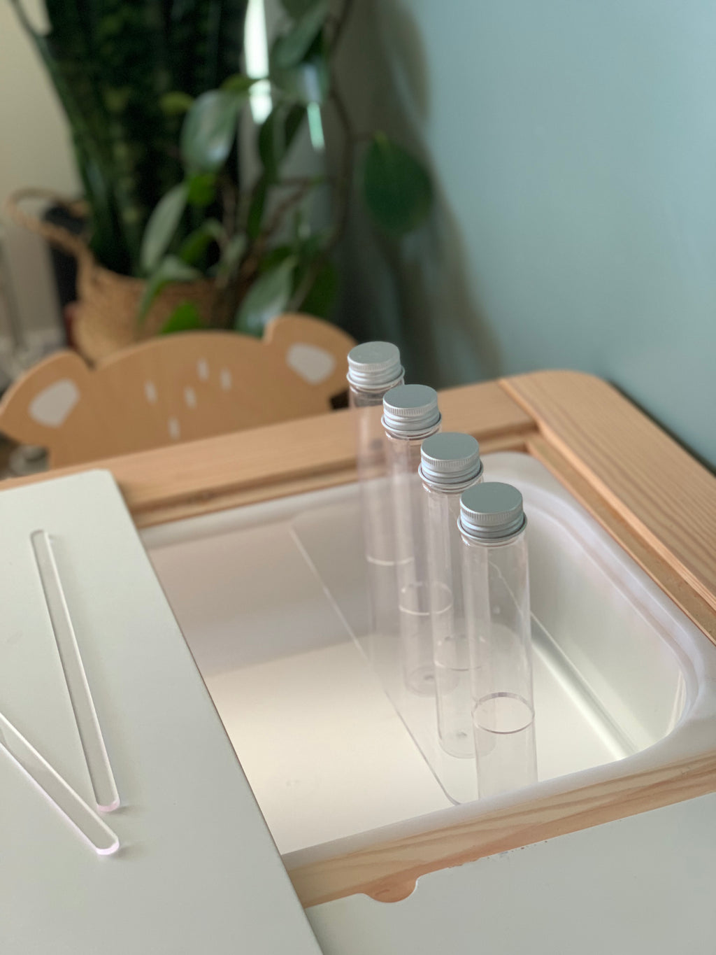 Clear acrylic test tube table top insert with four plastic test tubes and metal lids on wooden frame surface