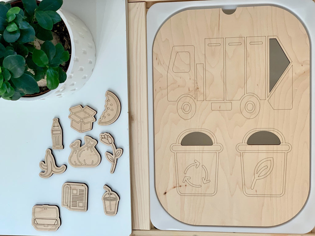 Maple plywood Flisat table top insert with engraved garbage truck, recycling and compost bins, and wooden sorting pieces