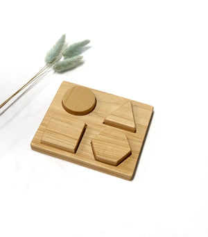 Natural wooden shape puzzle with circle, triangle, square, and hexagon pieces on white background with dried plants