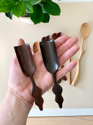Hand holding two small carved rosewood scoops with decorative handles over wooden spoons and green plant on table