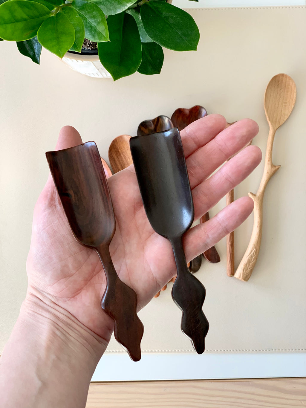 Hand holding two small carved rosewood scoops with decorative handles over wooden spoons and green plant on table