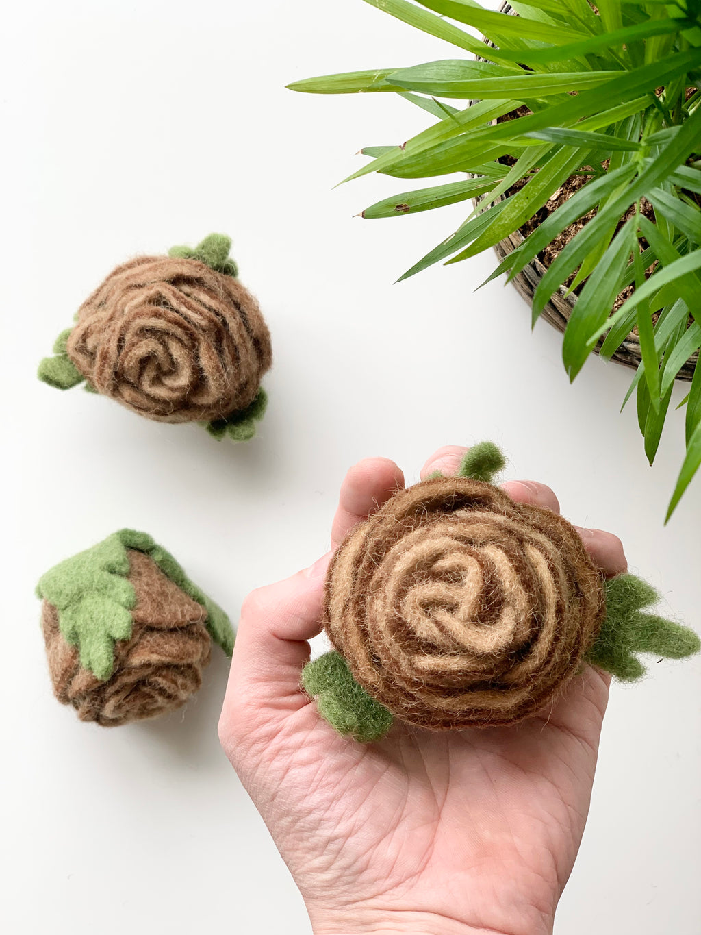 Hand holding one brown felt pinecone with green leaves next to two similar felt pinecones and a green plant on white surface