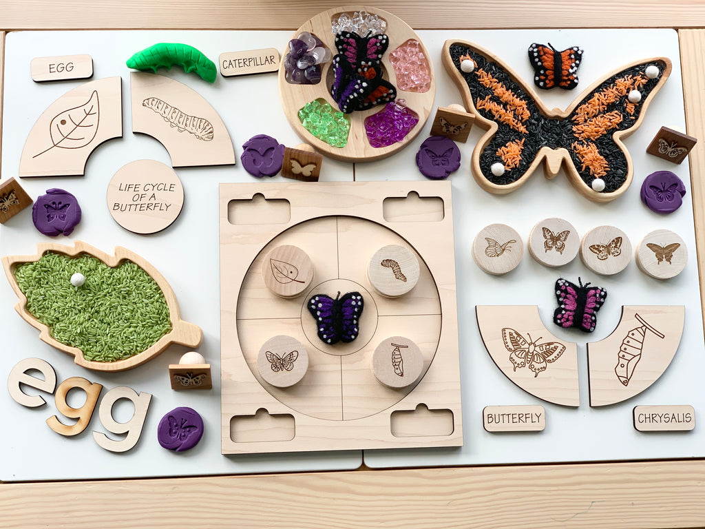 Wooden sensory tray and butterfly plate featuring butterfly life cycle pieces with colorful textured elements on light wood surface